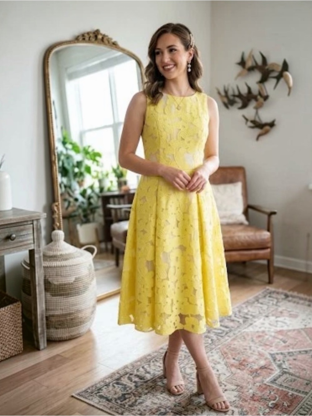 Antonio Melani Yellow Clip Floral Lace Fit & Flare Sleeveless Midi Dress